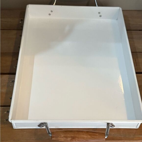 Pottery Barn, Metal White Rectangular Serving Tray. Wood handles - Picture 3 of 4